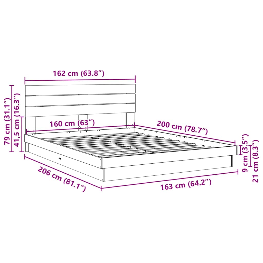 Sengeramme med sengegavl uten madrass 160x200 cm Heltre Eik