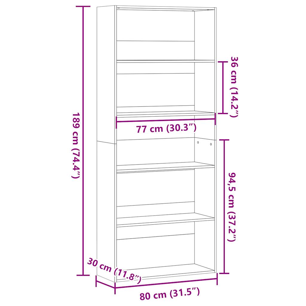 Bokhylle sonoma eik 80x30x189 cm konstruert tre