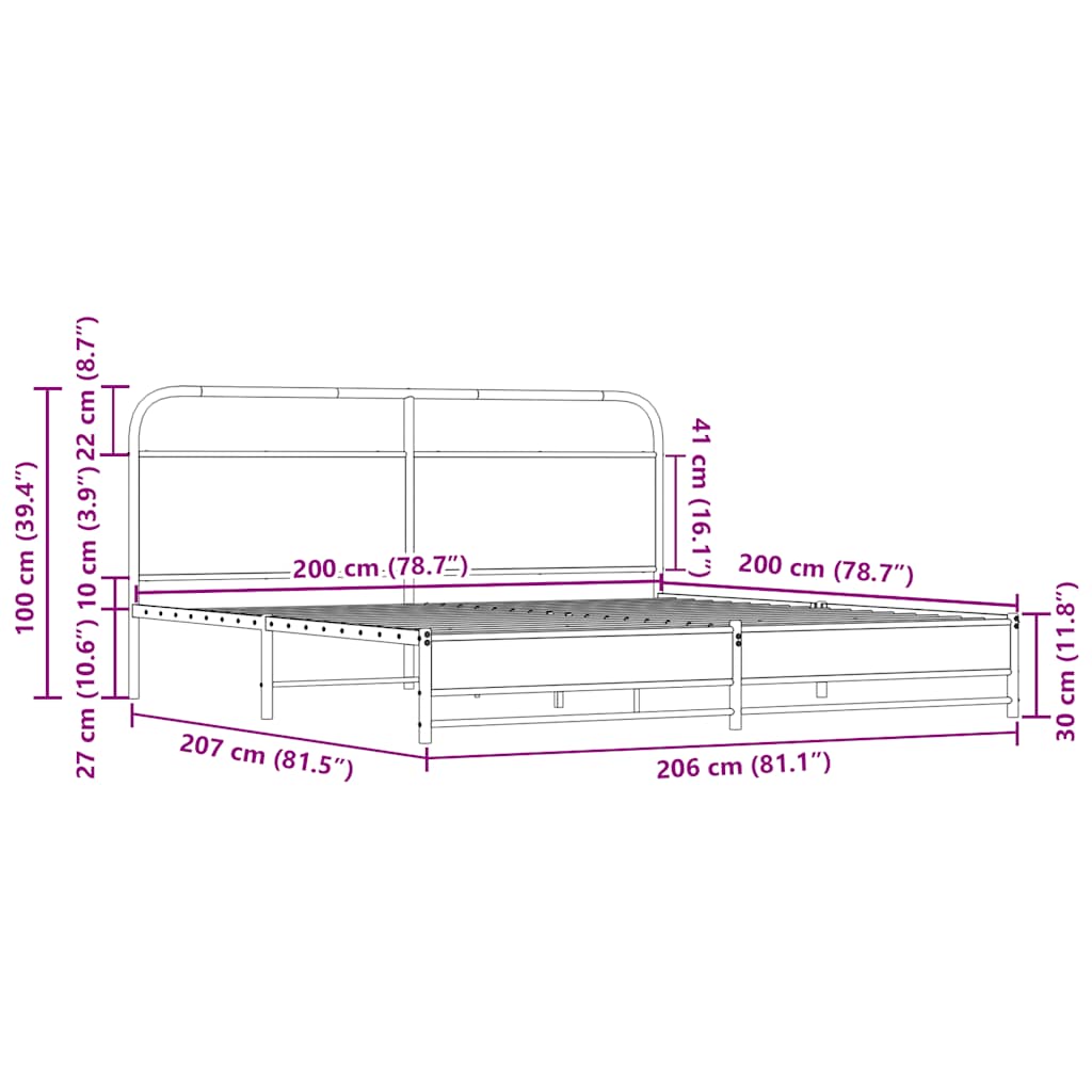 Sengeramme i metall uten madrass sonoma eik 200x200 cm