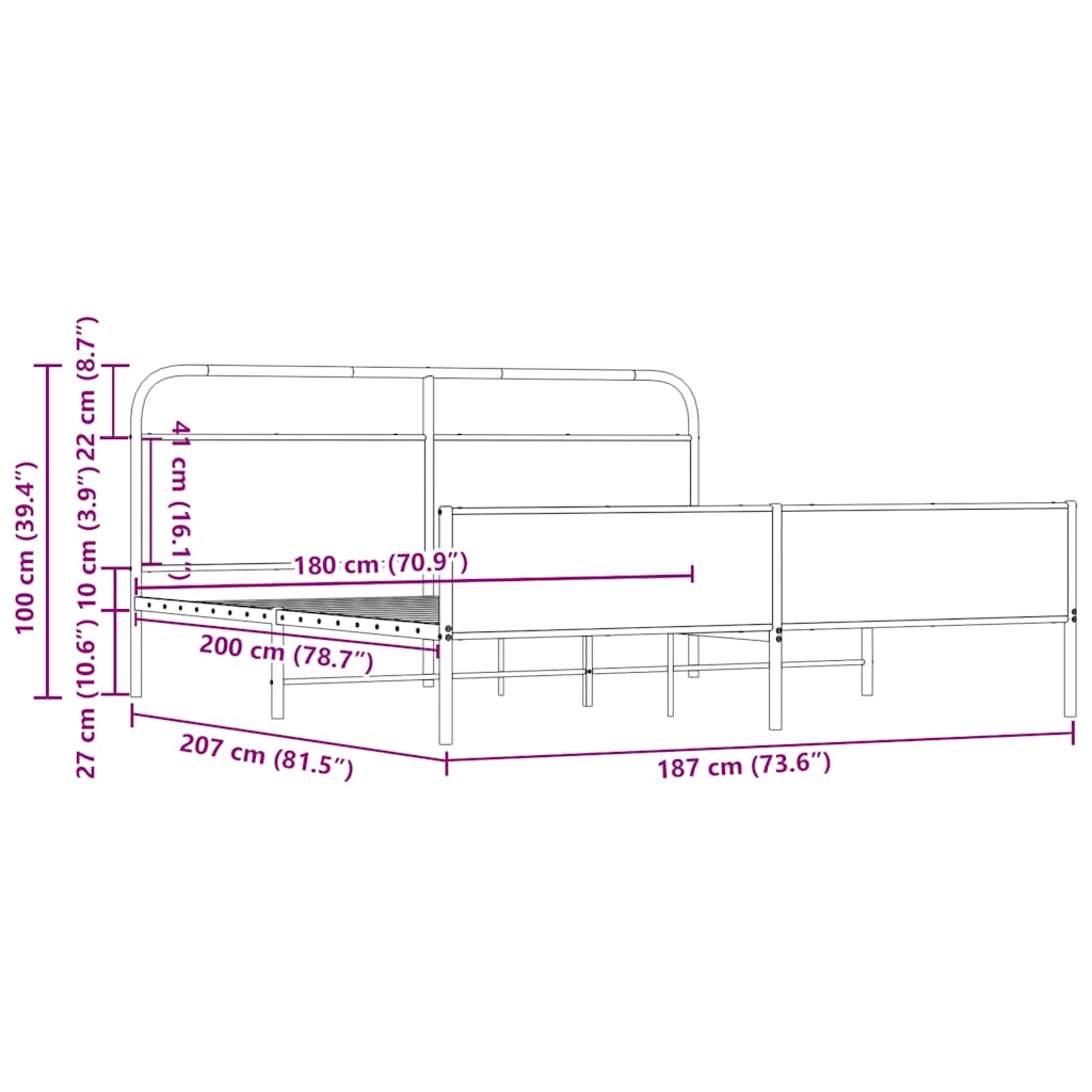 Sengeramme i metall uten madrass sonoma eik 180x200 cm