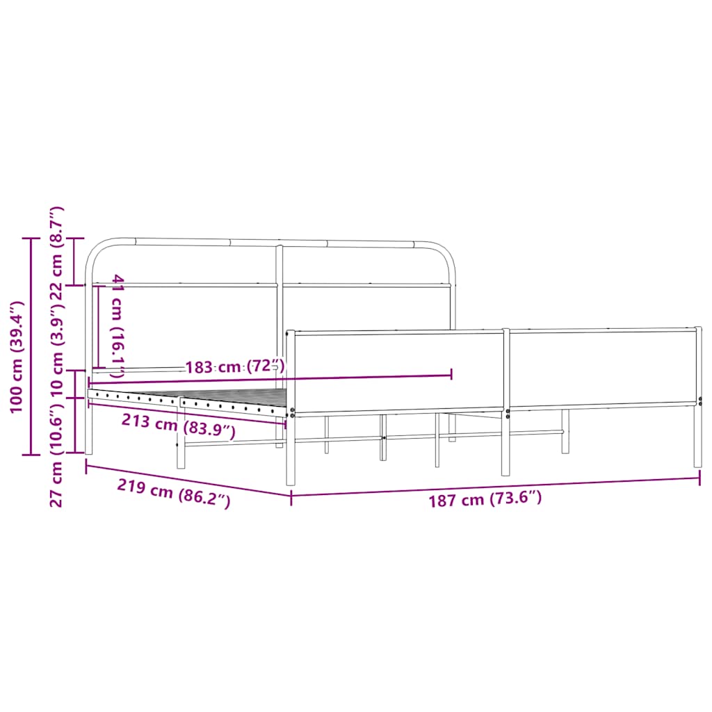 Sengeramme i metall uten madrass sonoma eik 183x213 cm