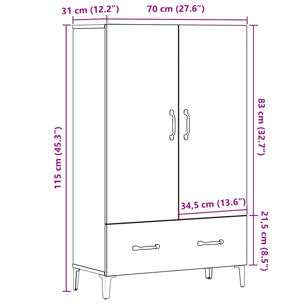 Highboard gammelt tre 70x31x115 cm konstruert tre