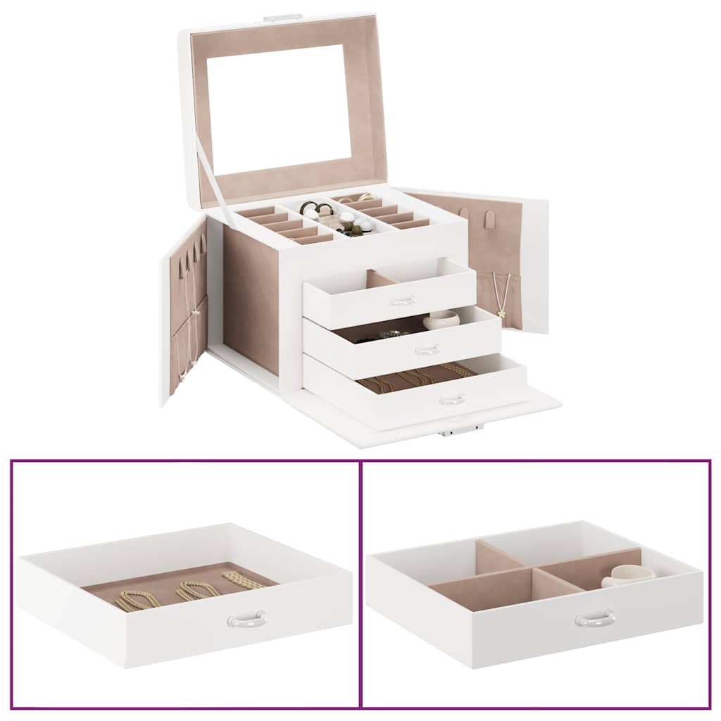 smykkeskrin 4-lags med speil låsbar hvit 22,5x17,5x16,5 cm