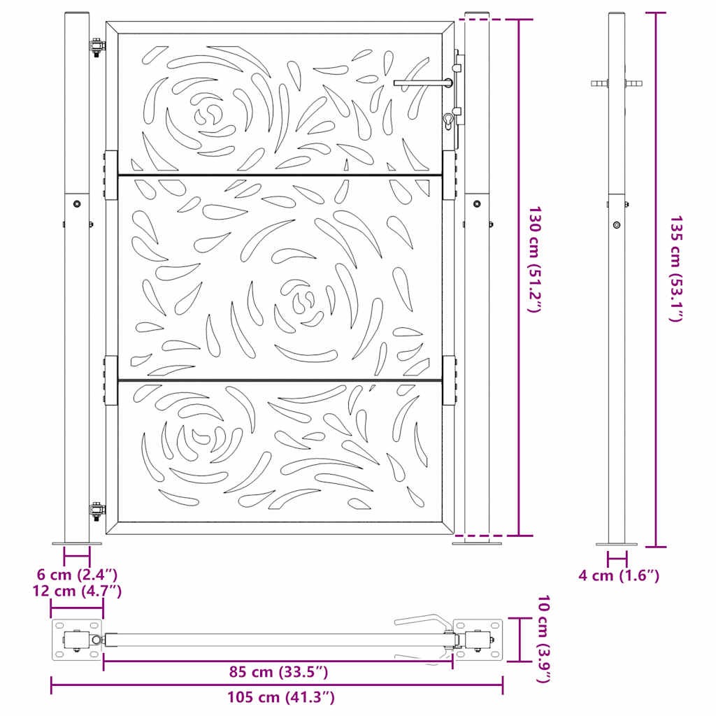 Hageport svart 100x125 cm stål flammedesign