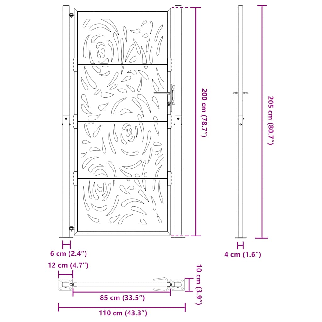 Hageport svart 100x200 cm stål flammedesign