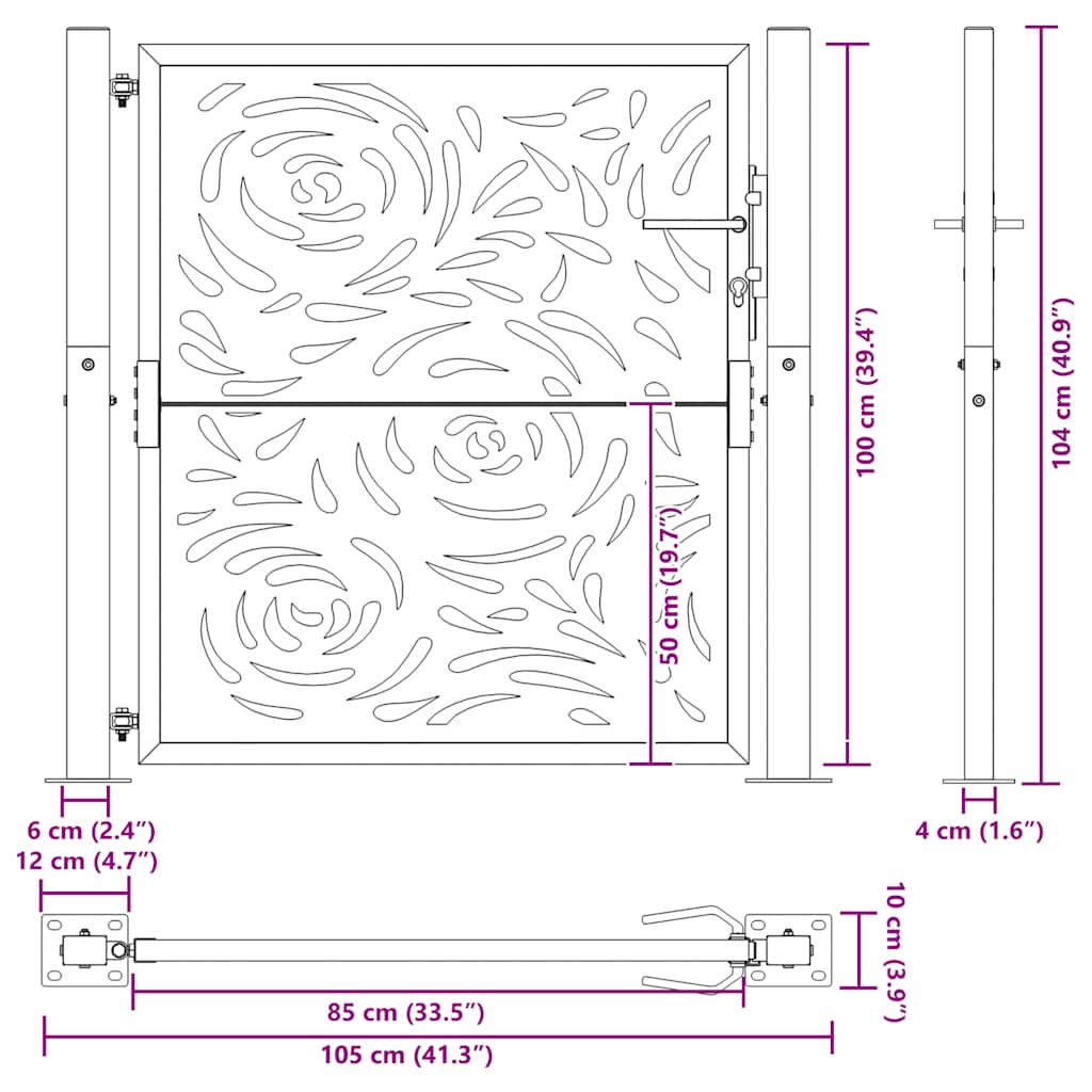 Hageport 100x100 cm værbestandig stål flammedesign