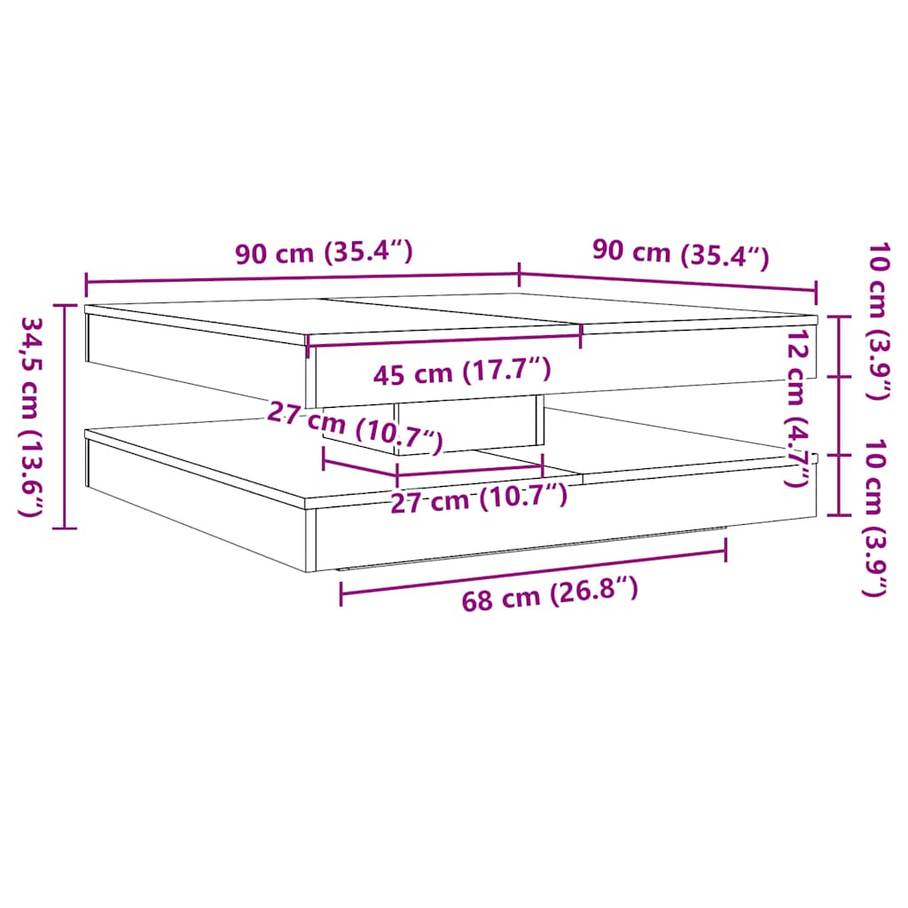 Salongbord 360-graders roterbart gammelt tre 90x90x34,5 cm