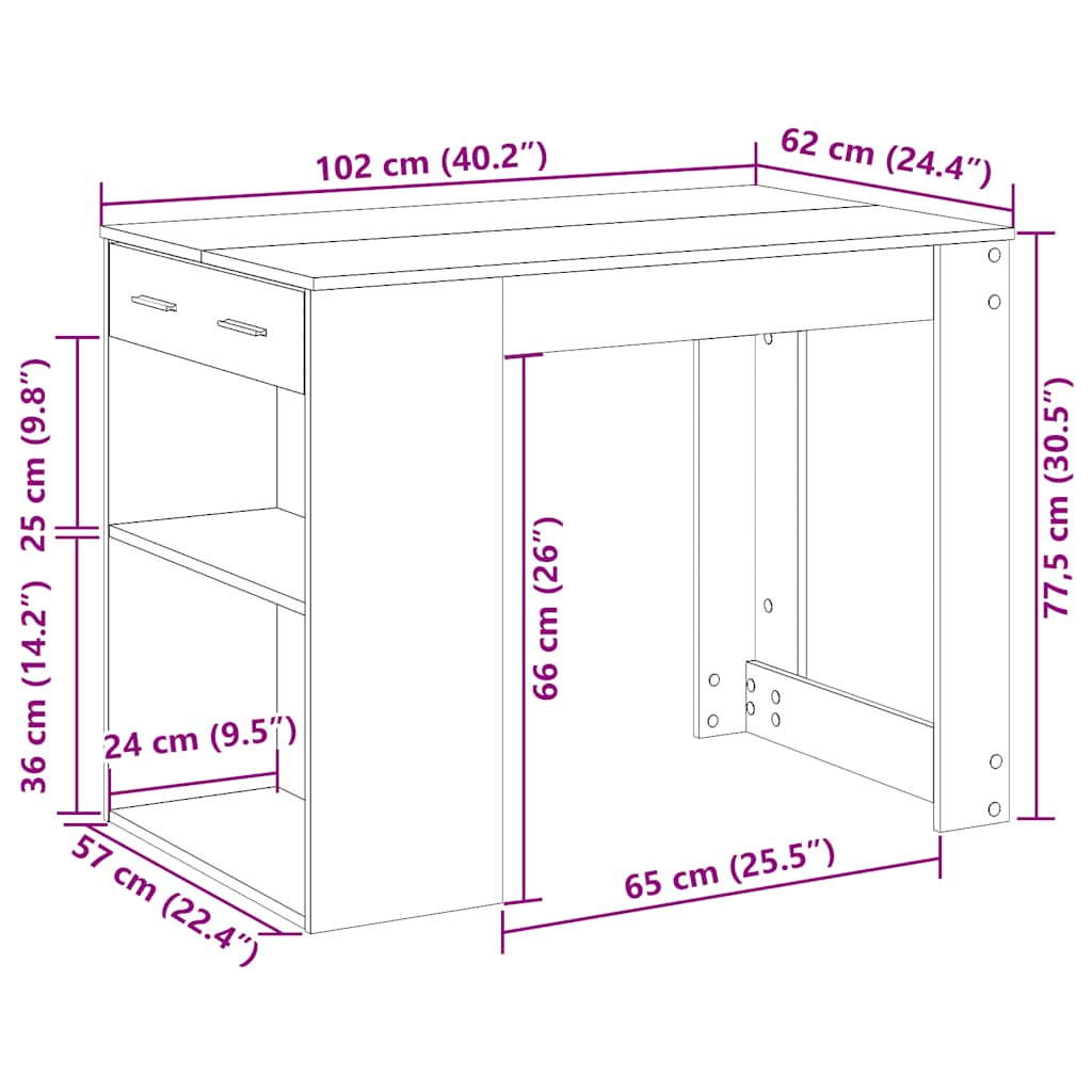 Skrivebord med skuff og hylle hvit 102x62x77,5cm konstruert tre