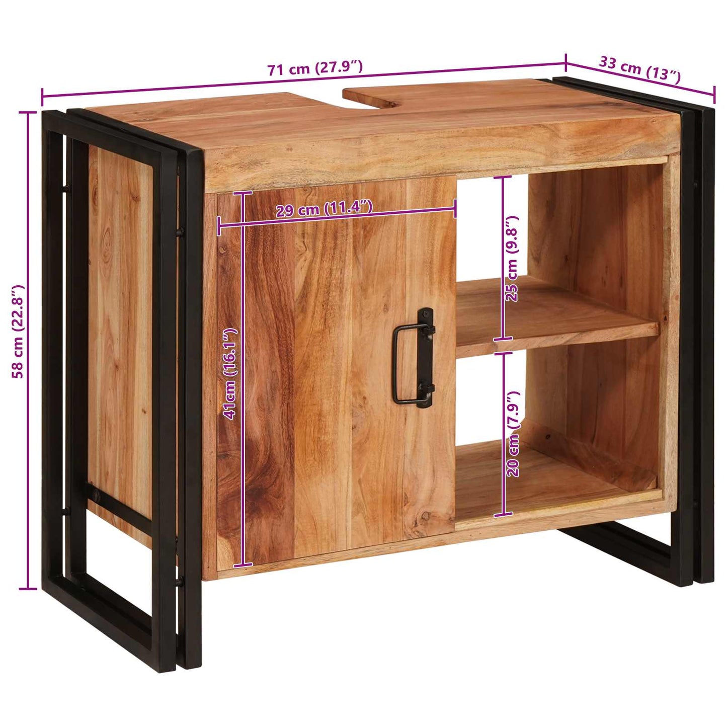 Vaskeskap med hylle Brun 71 x 33 x 58 cm Solid akasietre