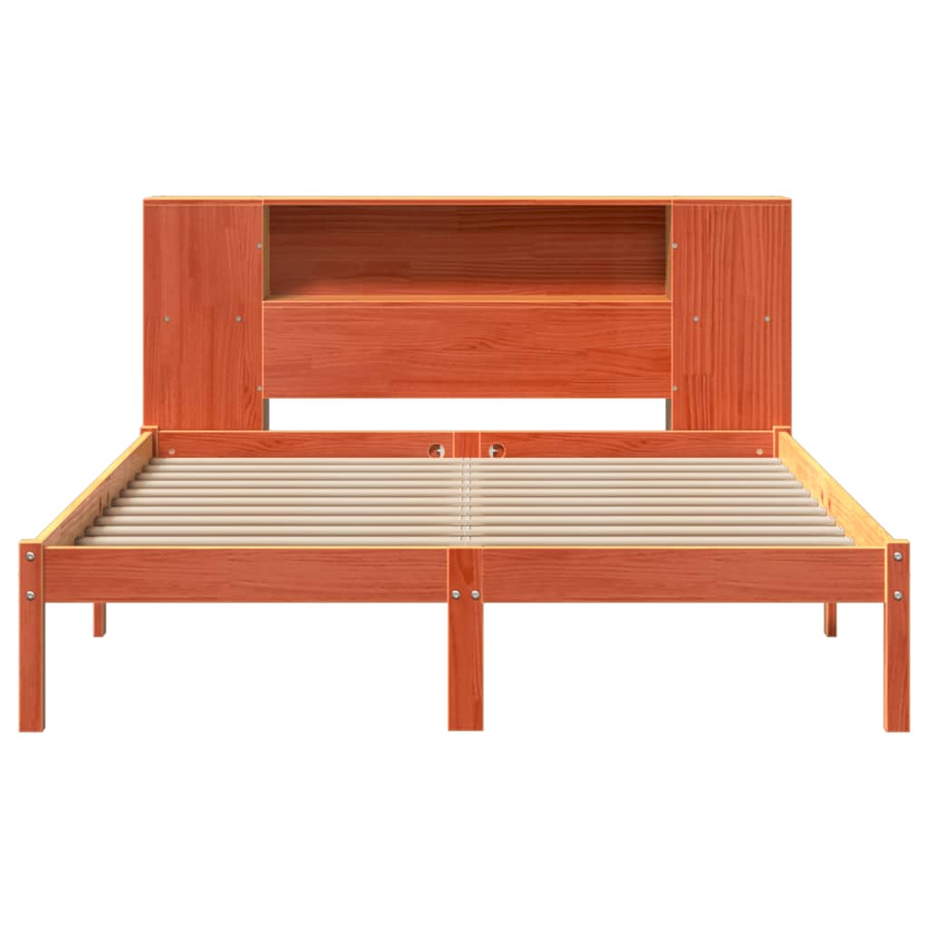 Seng med bokhylle uten madrass voksbrun 140x200 cm heltre furu