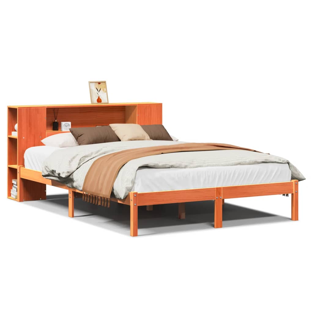 Seng med bokhylle uten madrass voksbrun 150x200 cm heltre furu