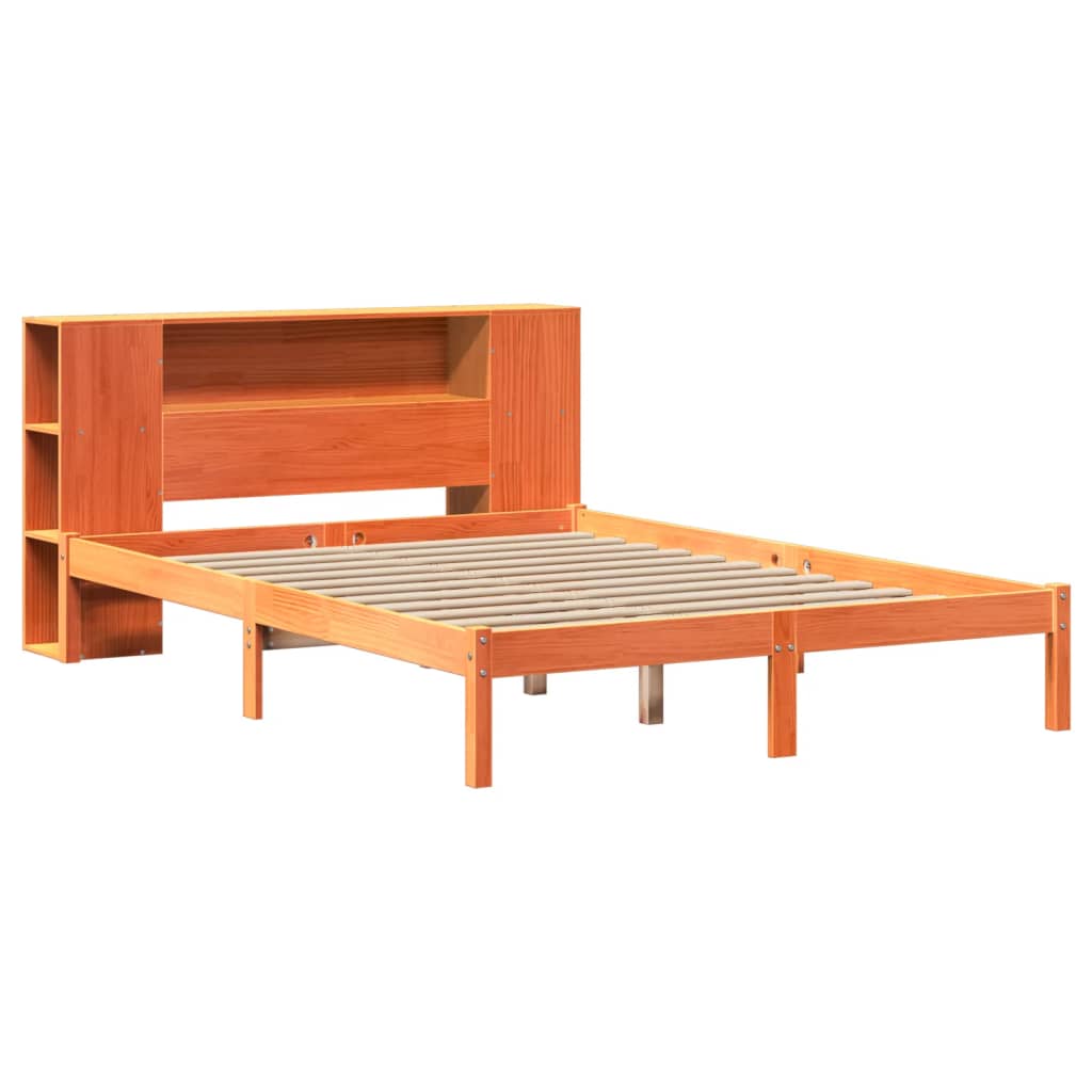 Seng med bokhylle uten madrass voksbrun 150x200 cm heltre furu