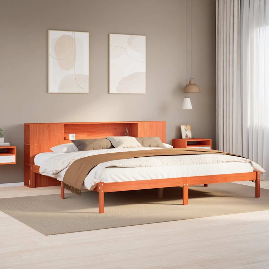 Seng med bokhylle uten madrass voksbrun 200x200 cm heltre furu