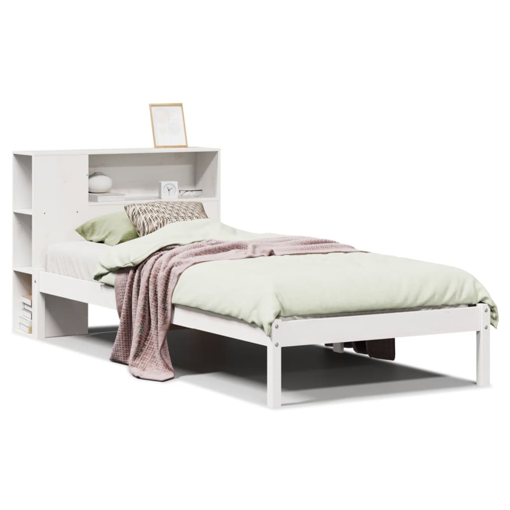 Seng med bokhylle uten madrass hvit 75x190 cm heltre furu