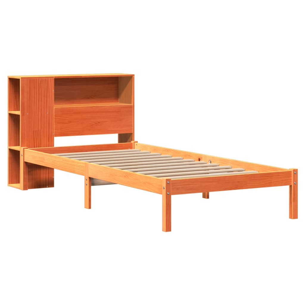 Seng med bokhylle uten madrass voksbrun 100x200 cm heltre furu
