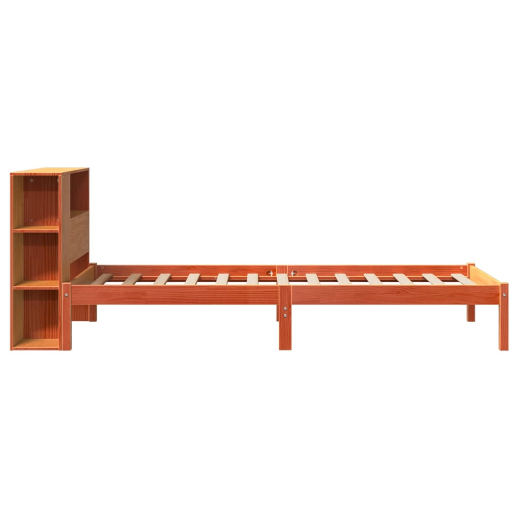 Seng med bokhylle uten madrass voksbrun 100x200 cm heltre furu