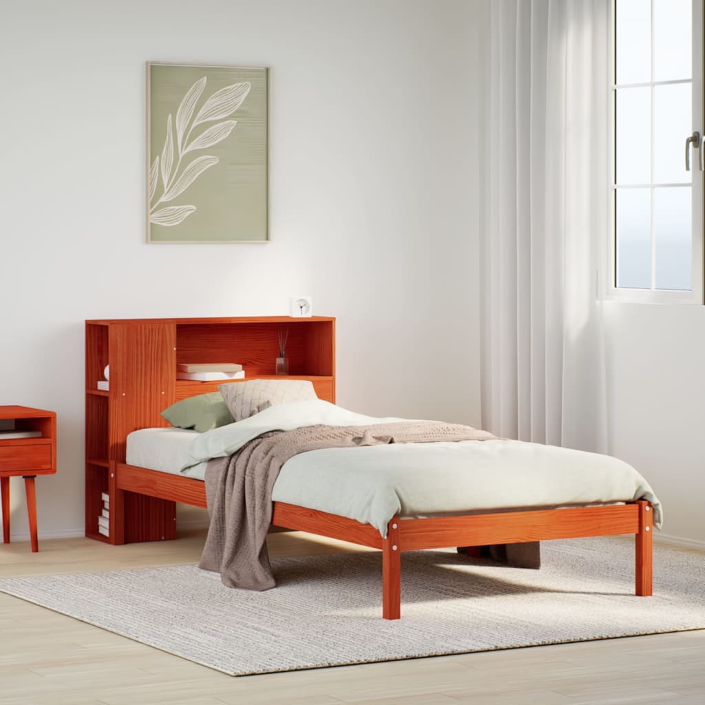 Seng med bokhylle uten madrass voksbrun 100x200 cm heltre furu