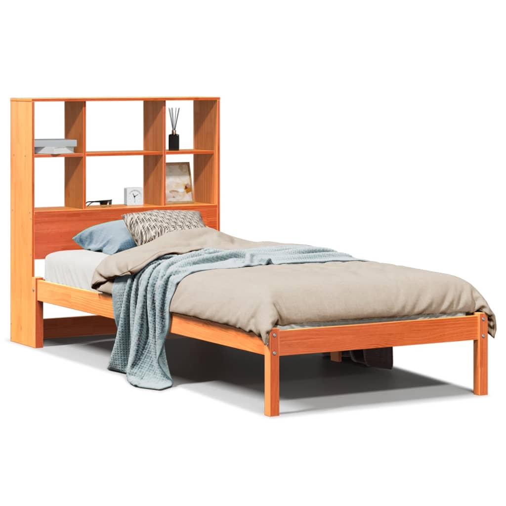 Seng med bokhylle uten madrass voksbrun 75x190 cm heltre furu