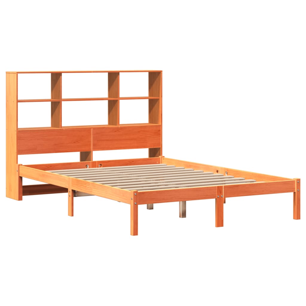 Seng med bokhylle uten madrass voksbrun 135x190 cm heltre furu