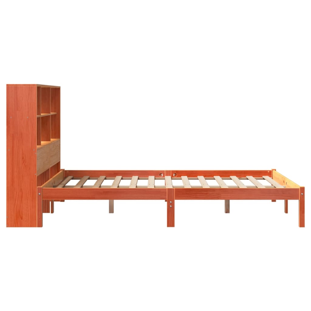 Seng med bokhylle uten madrass voksbrun 135x190 cm heltre furu