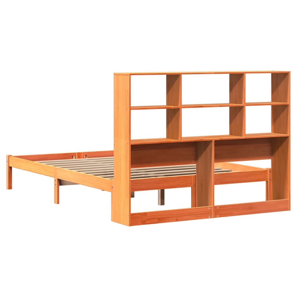 Seng med bokhylle uten madrass voksbrun 135x190 cm heltre furu