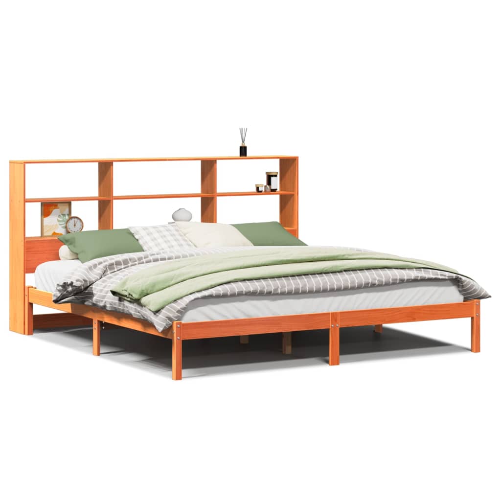 Seng med bokhylle uten madrass voksbrun 200x200 cm heltre furu