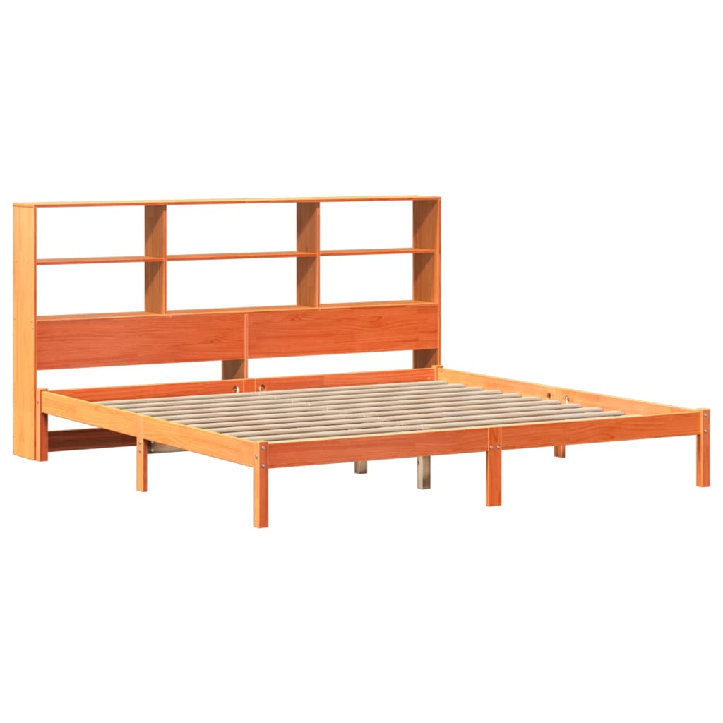 Seng med bokhylle uten madrass voksbrun 200x200 cm heltre furu
