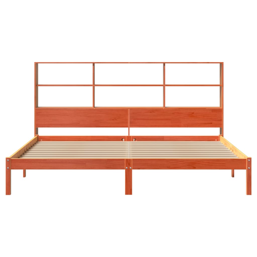 Seng med bokhylle uten madrass voksbrun 200x200 cm heltre furu