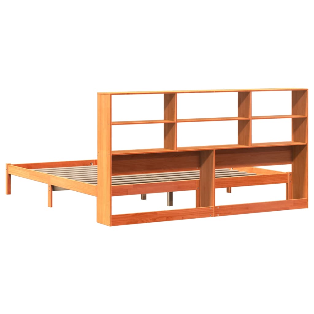 Seng med bokhylle uten madrass voksbrun 200x200 cm heltre furu