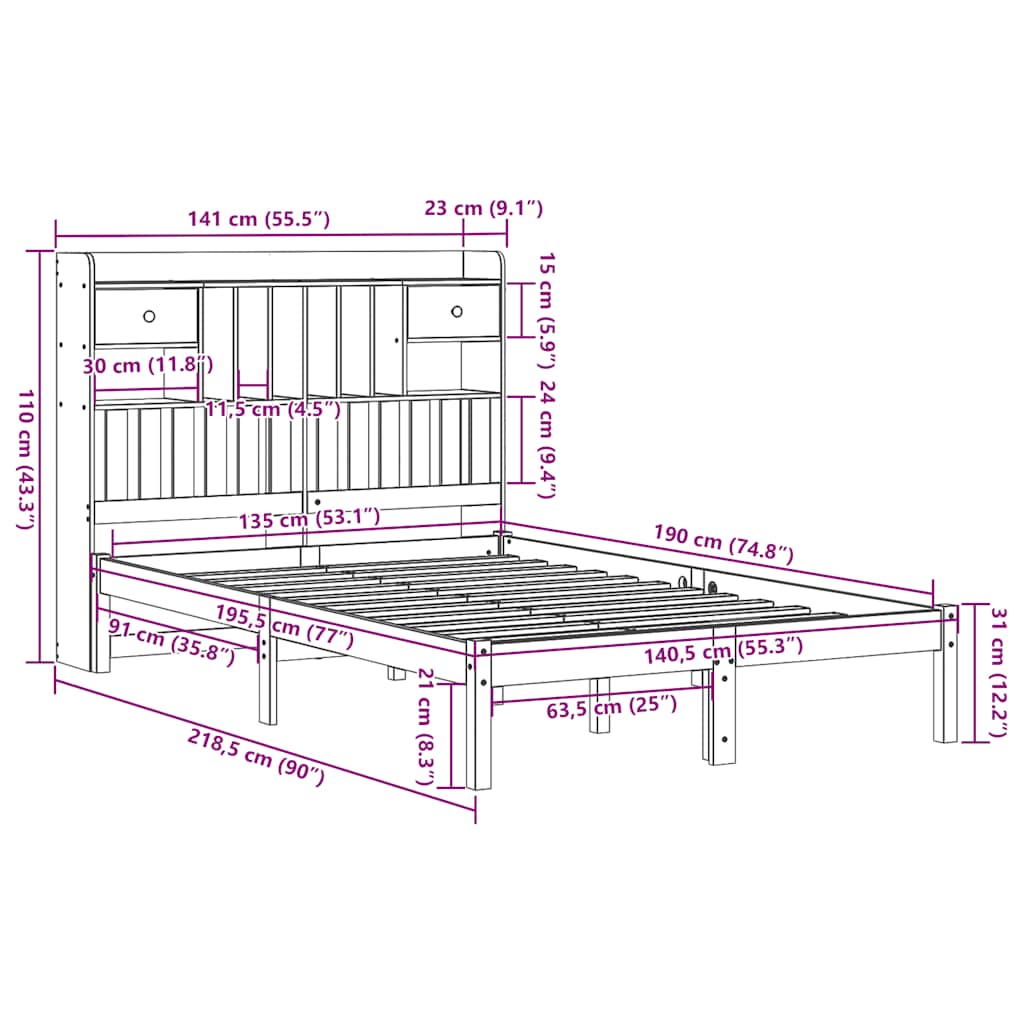 Seng med bokhylle uten madrass hvit 135x190 cm heltre furu