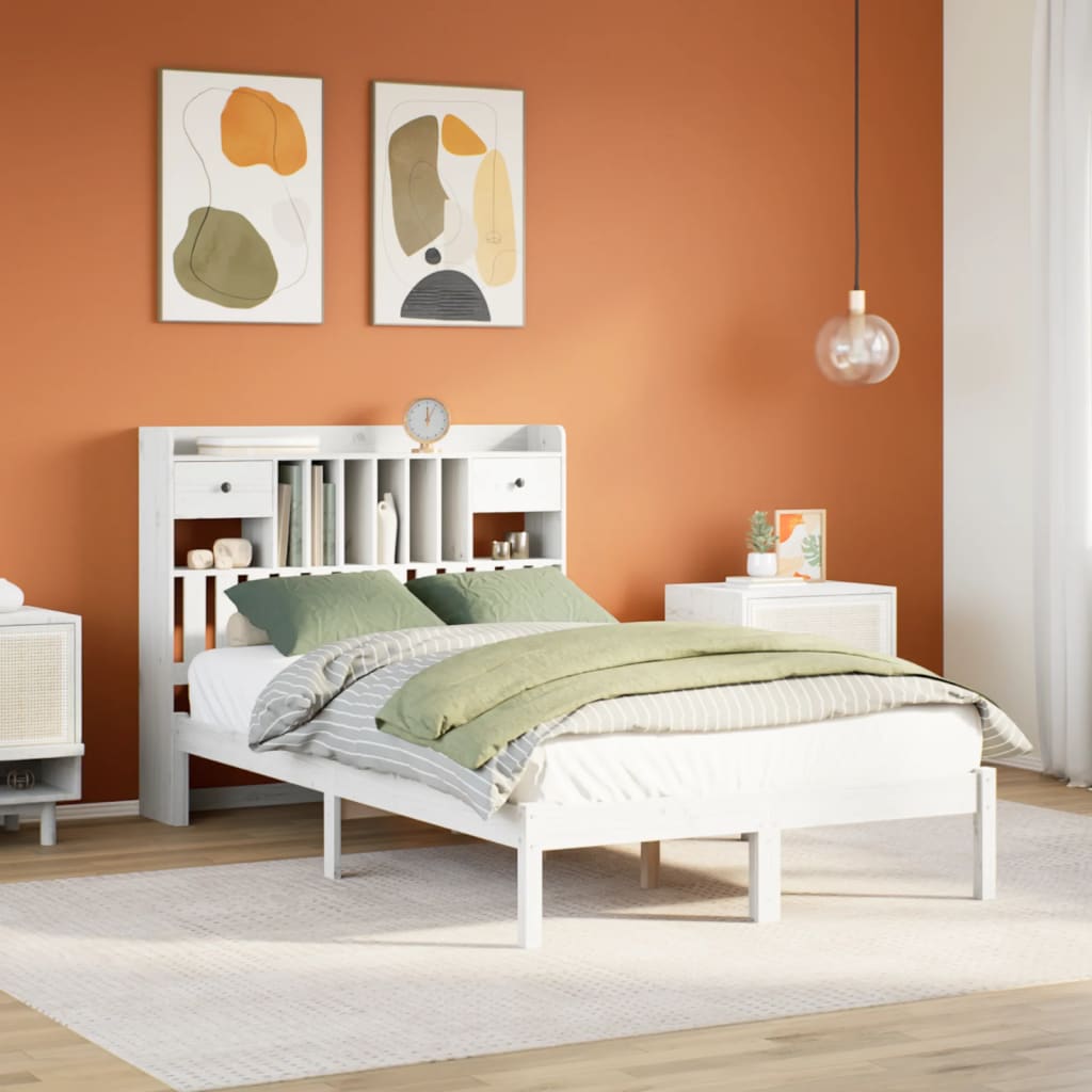 Seng med bokhylle uten madrass hvit 135x190 cm heltre furu