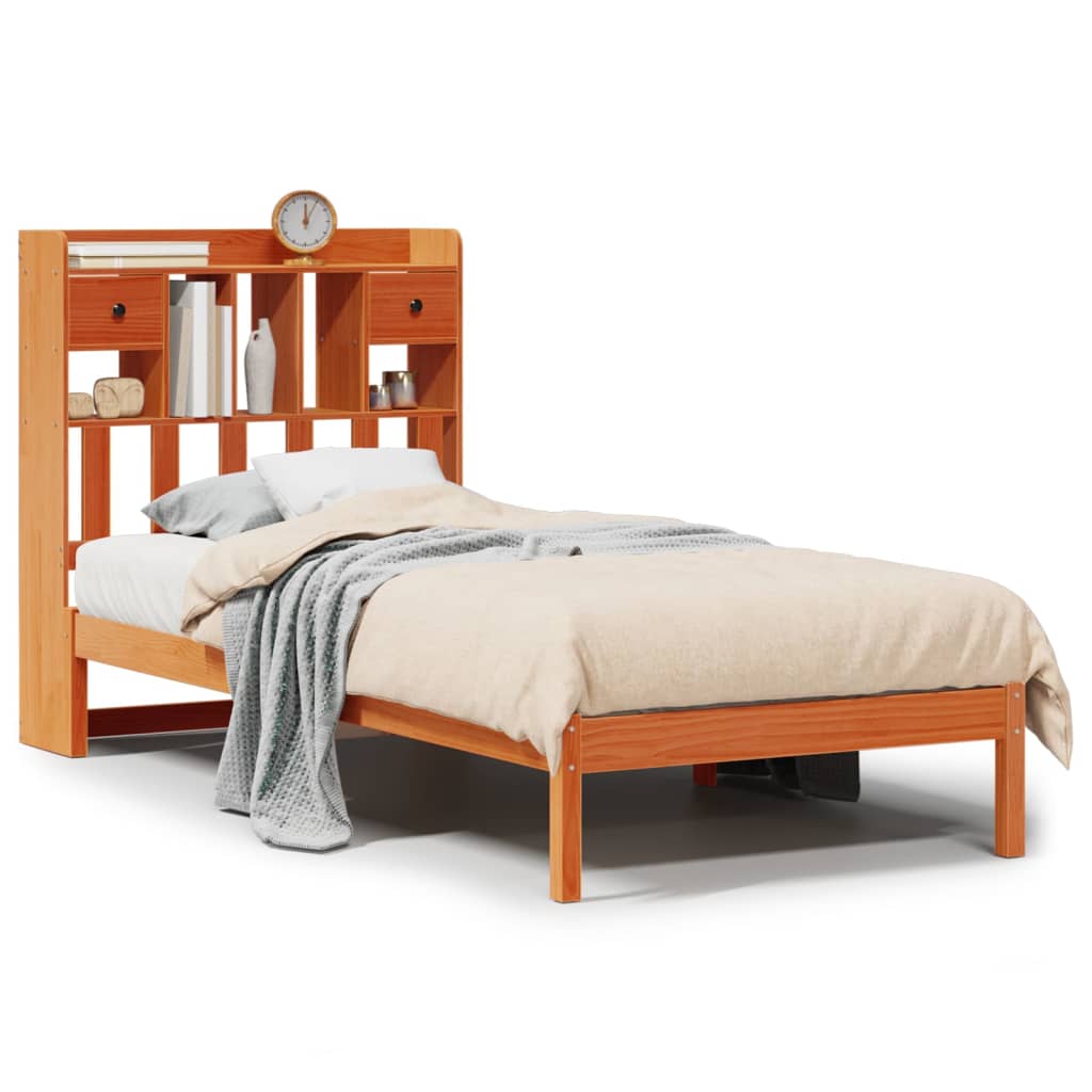 Seng med bokhylle uten madrass voksbrun 75x190 cm heltre furu