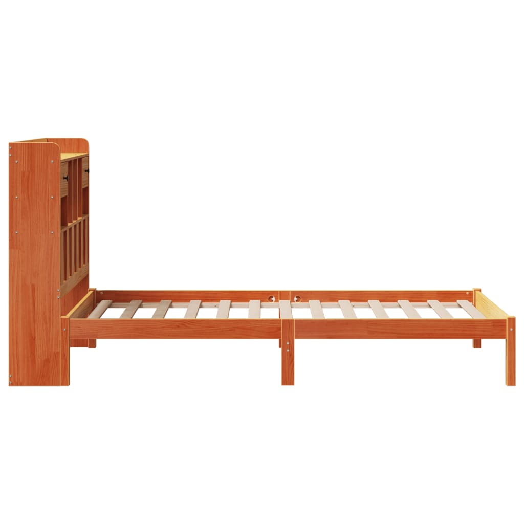 Seng med bokhylle uten madrass voksbrun 75x190 cm heltre furu