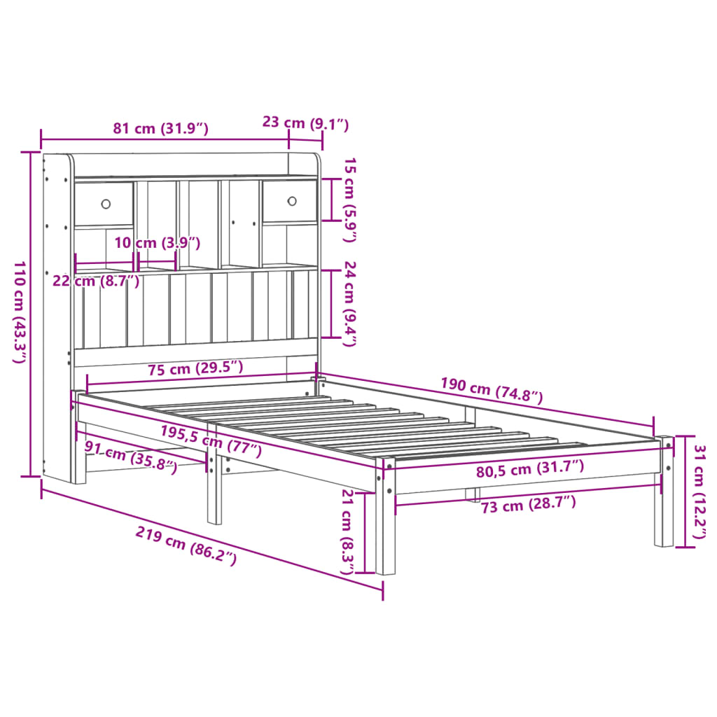 Seng med bokhylle uten madrass voksbrun 75x190 cm heltre furu