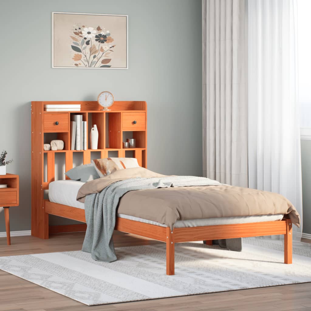 Seng med bokhylle uten madrass voksbrun 75x190 cm heltre furu