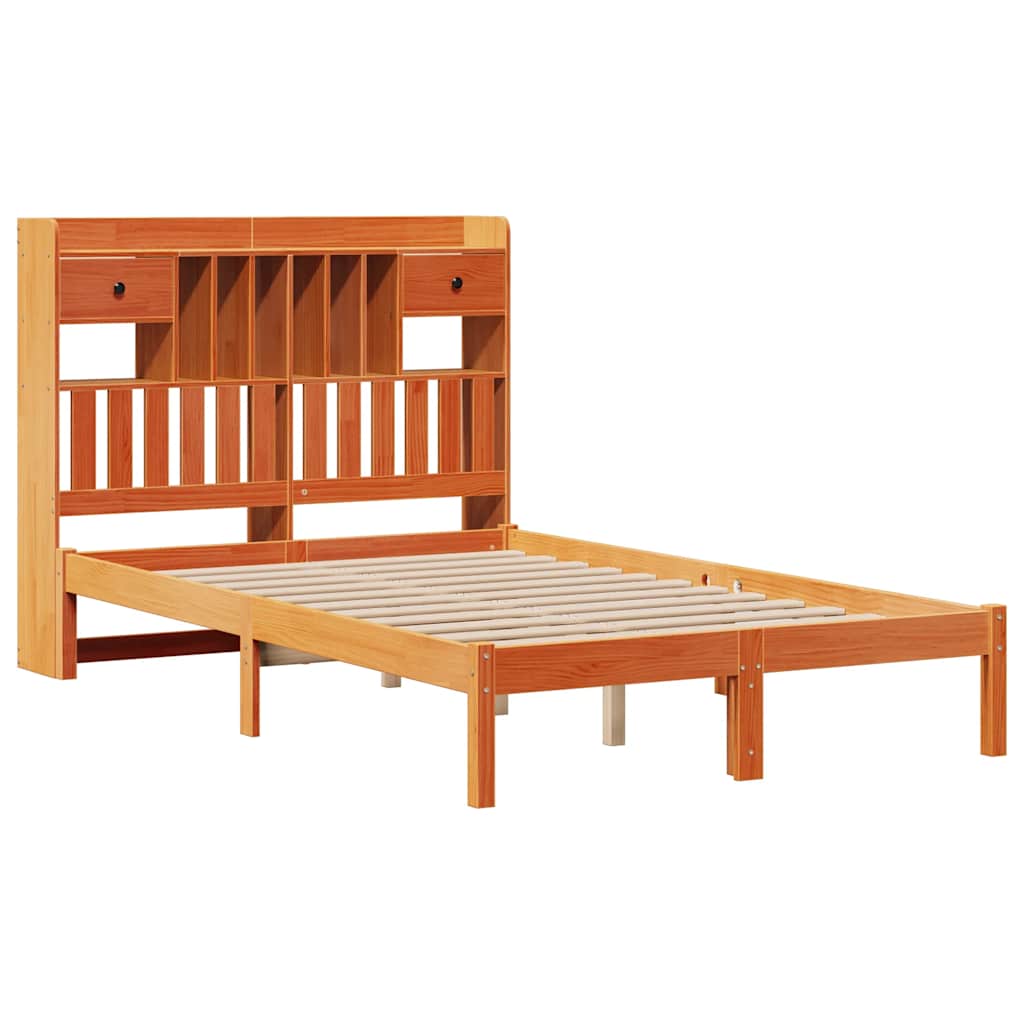 Seng med bokhylle uten madrass voksbrun 135x190 cm heltre furu