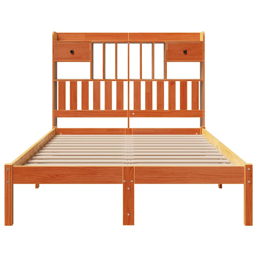 Seng med bokhylle uten madrass voksbrun 135x190 cm heltre furu