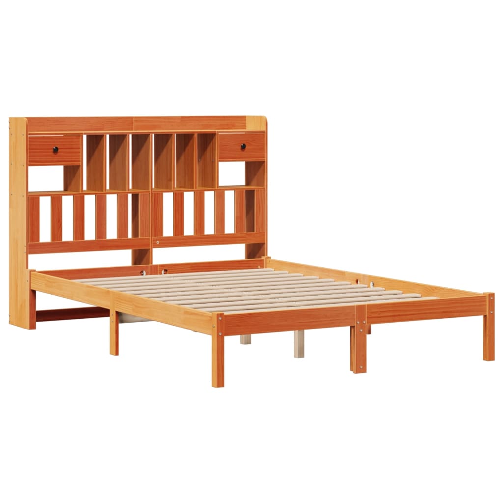 Seng med bokhylle uten madrass voksbrun 140x190 cm heltre furu