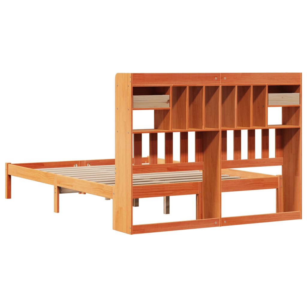 Seng med bokhylle uten madrass voksbrun 140x190 cm heltre furu