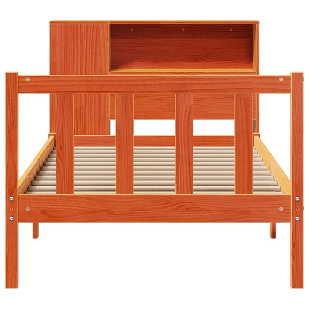 Seng med bokhylle uten madrass voksbrun 100x200 cm heltre furu