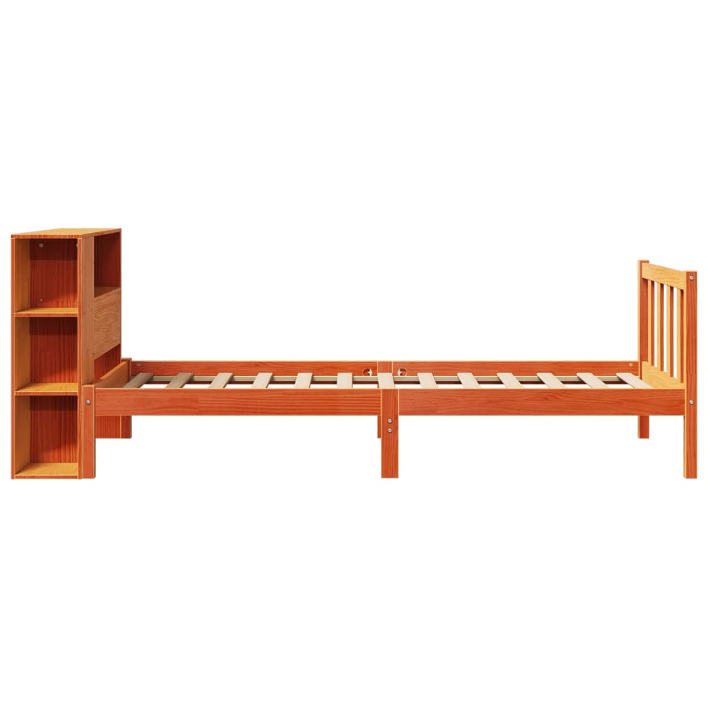 Seng med bokhylle uten madrass voksbrun 100x200 cm heltre furu