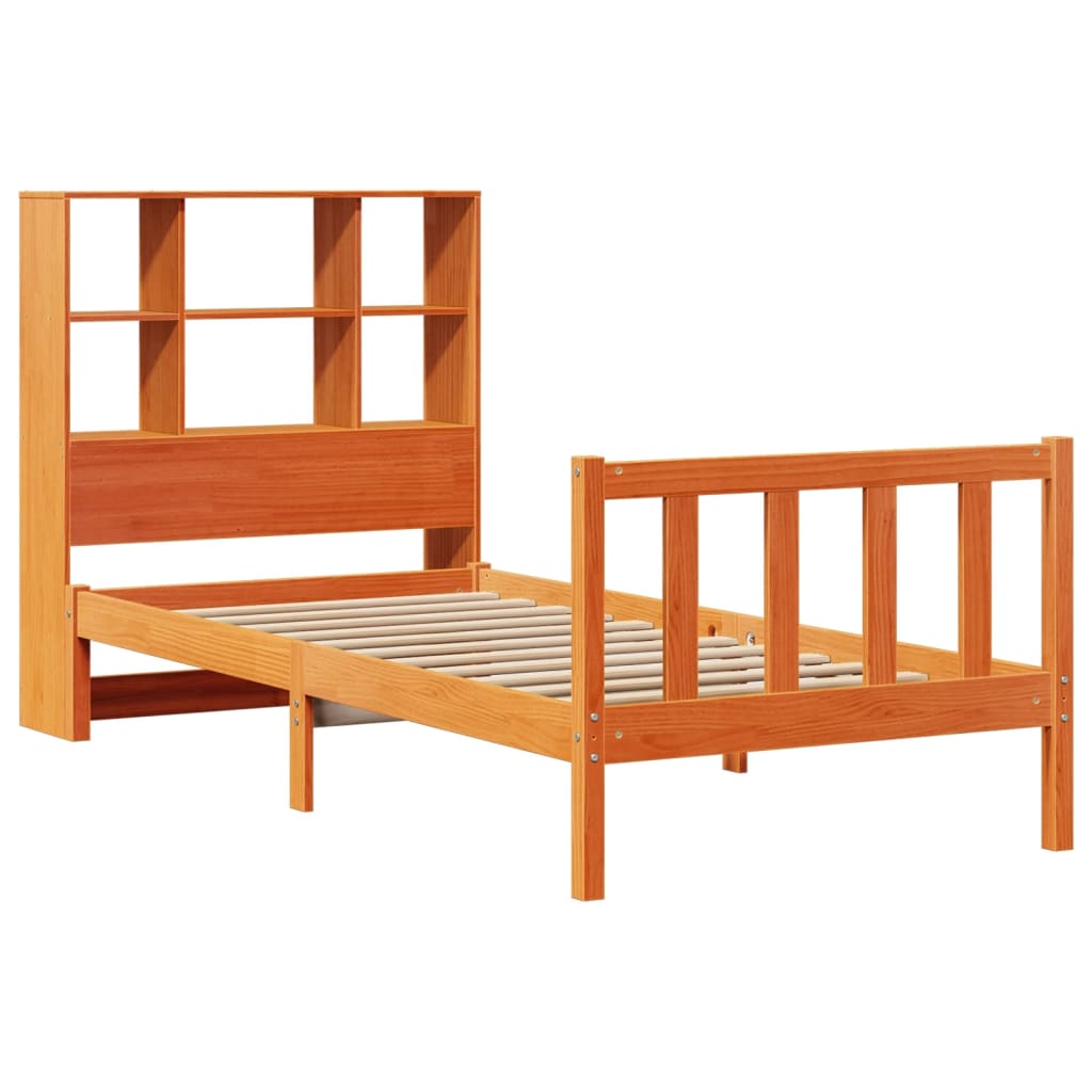 Seng med bokhylle uten madrass voksbrun 100x200 cm heltre furu