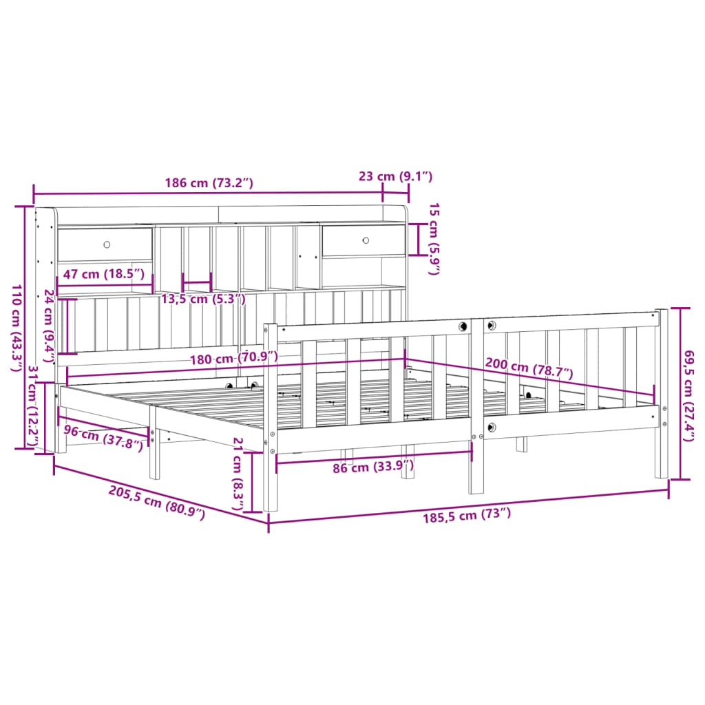 Seng med bokhylle uten madrass 180x200 cm heltre furu