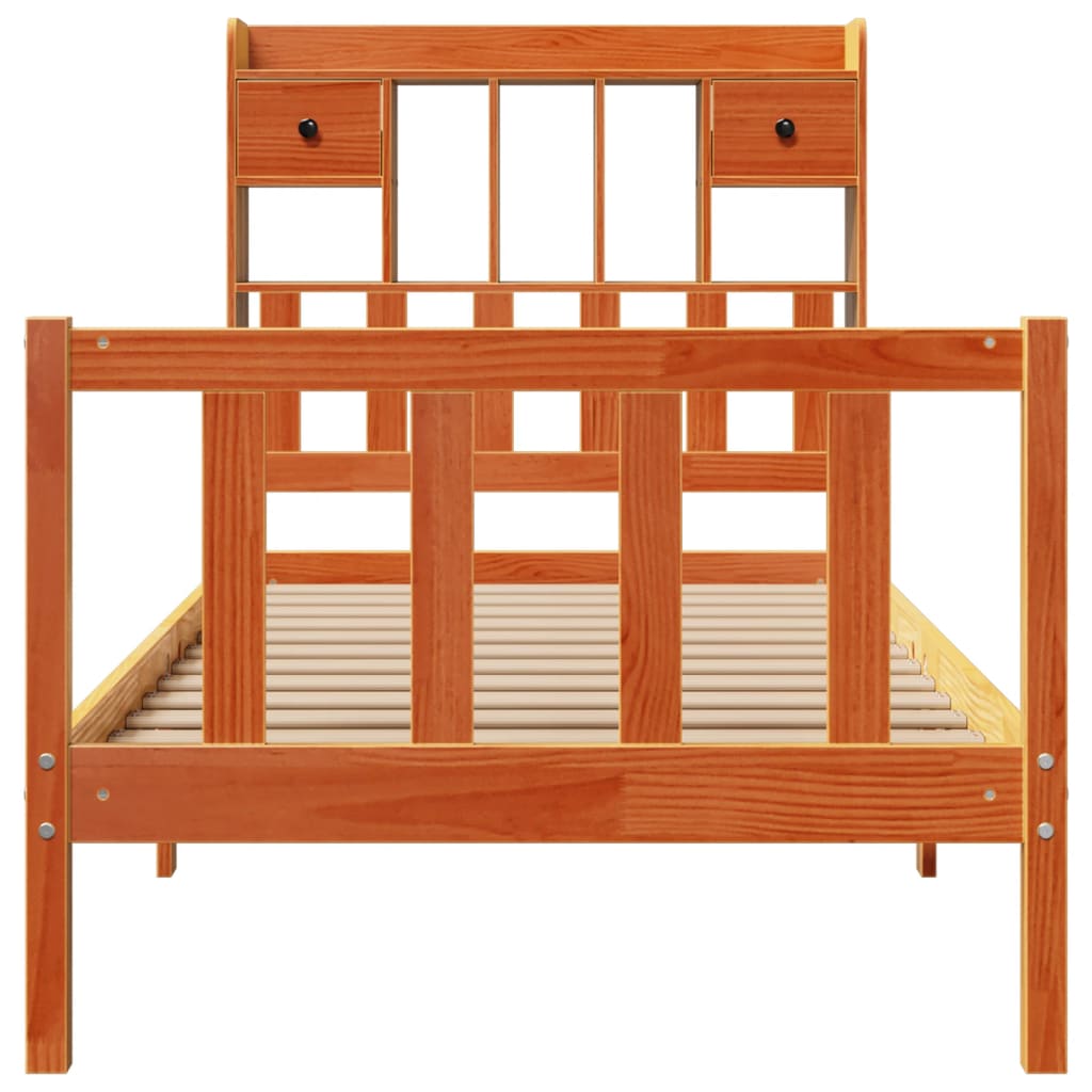 Seng med bokhylle uten madrass voksbrun 100x200 cm heltre furu