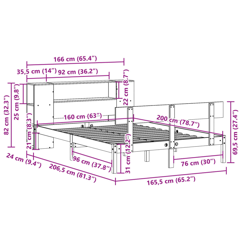 Seng med bokhylle uten madrass hvit 160x200 cm heltre furu