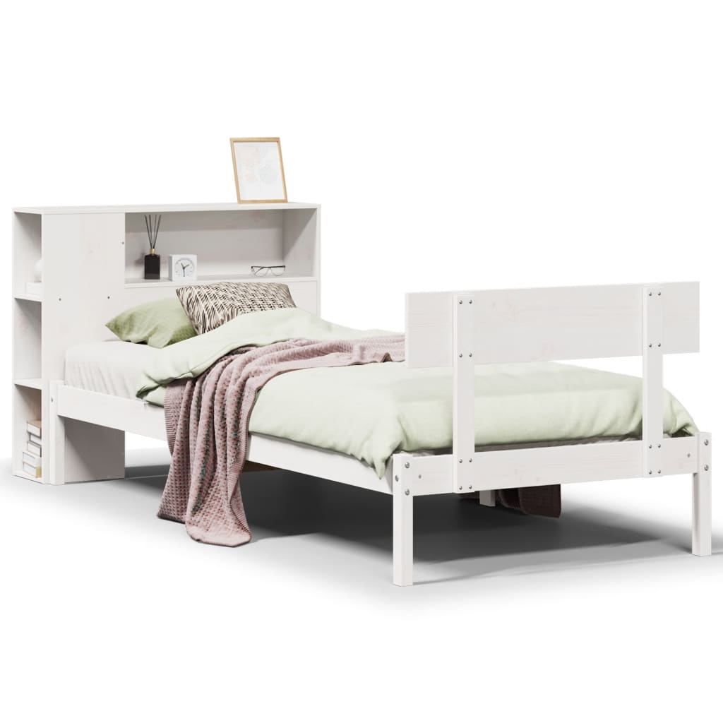Seng med bokhylle uten madrass hvit 75x190 cm heltre furu