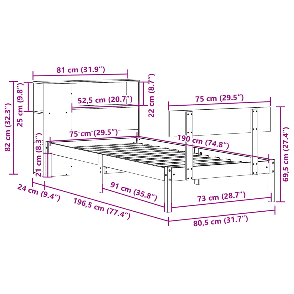 Seng med bokhylle uten madrass hvit 75x190 cm heltre furu