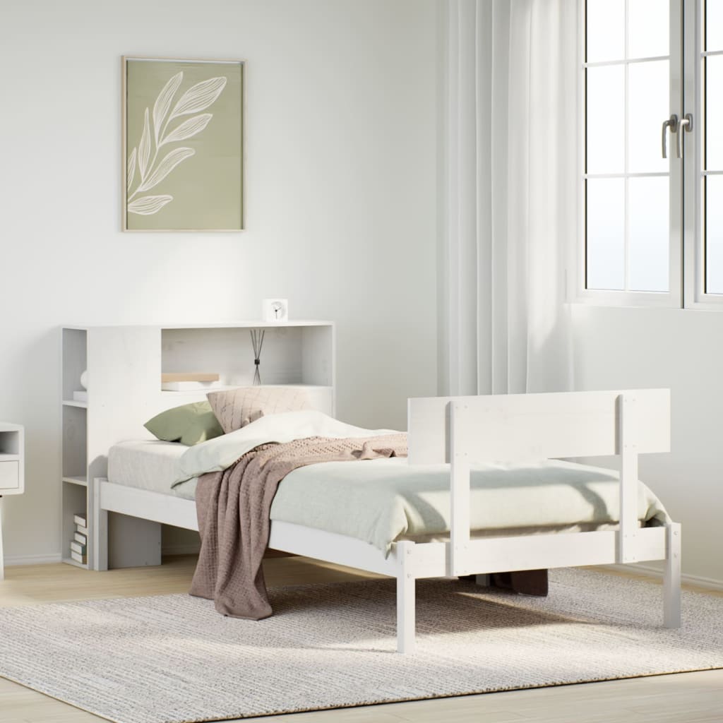 Seng med bokhylle uten madrass hvit 75x190 cm heltre furu