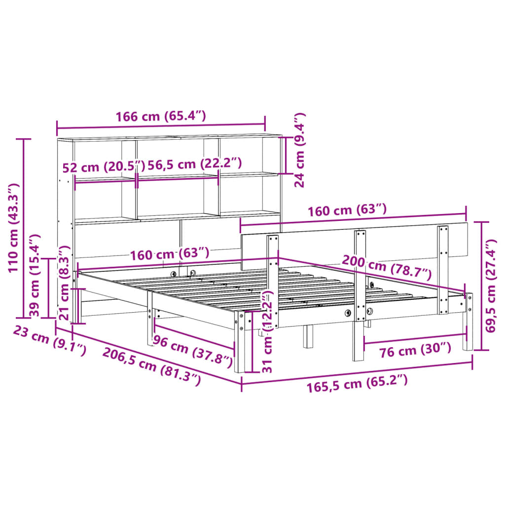 Seng med bokhylle uten madrass hvit 160x200 cm heltre furu