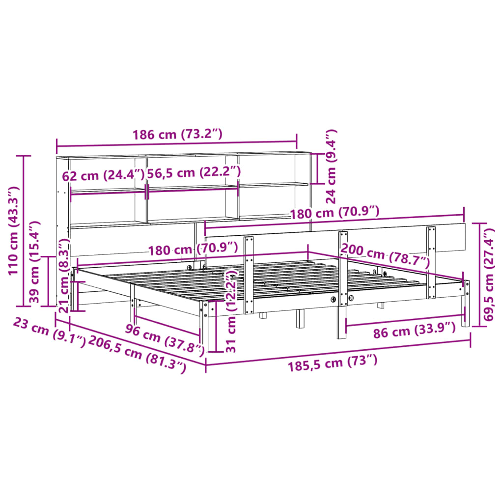Seng med bokhylle uten madrass hvit 180x200 cm heltre furu